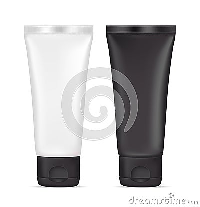 Vector cream tube. White and black plastic cosmetic container. Package design, blank mockup template. Vector Illustration